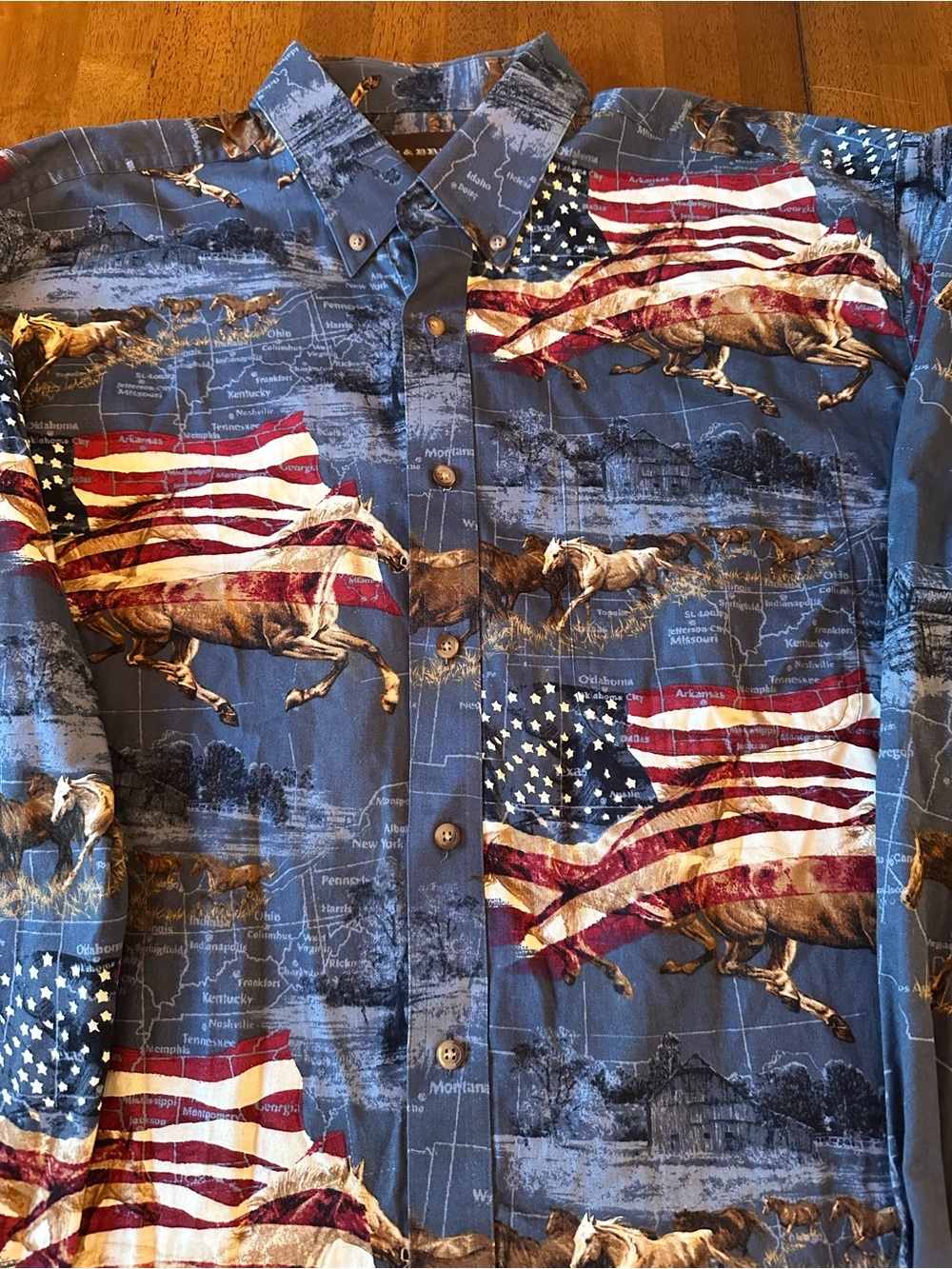 Bit & Bridle Western Shirt with American Flag & Running Horse Print - Blue